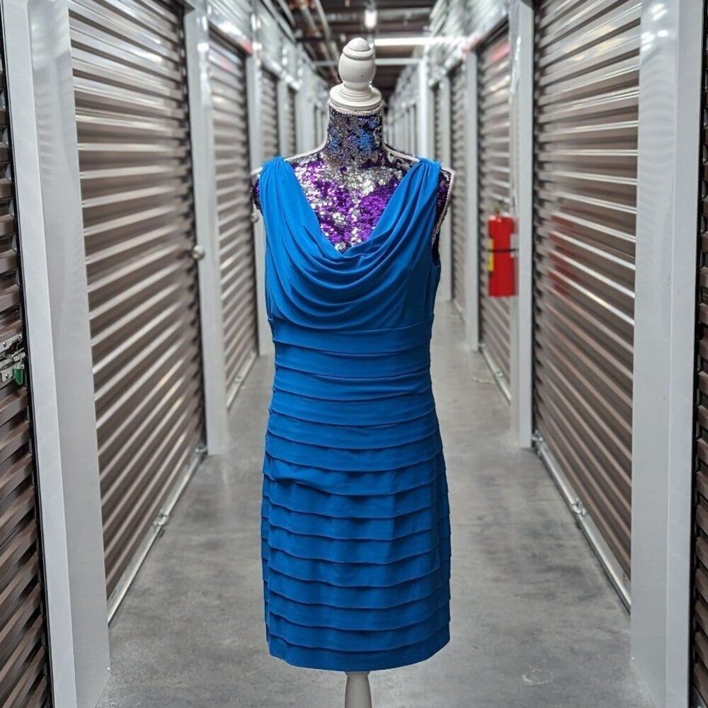 American Living Dress Size 12 Blue Layered Draped Cowl Neck Knee Length Dress